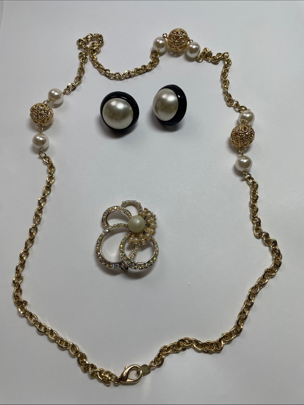 Gold Pearl Statement Necklace, Earrings & Brooch Set - Elegant Women's Jewelry